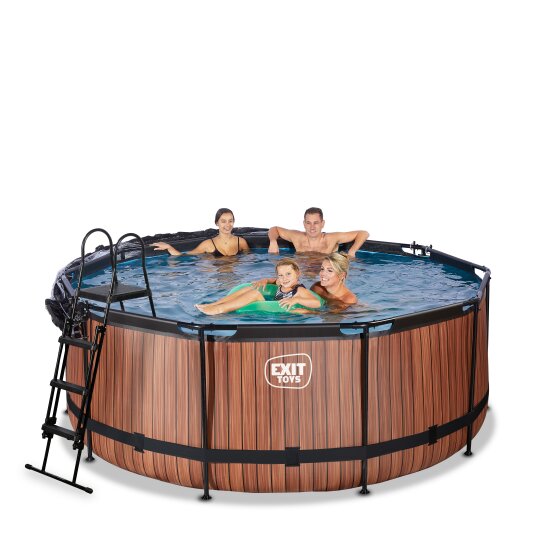 EXIT Wood pool ø360x122cm with sand filter pump and dome - brown